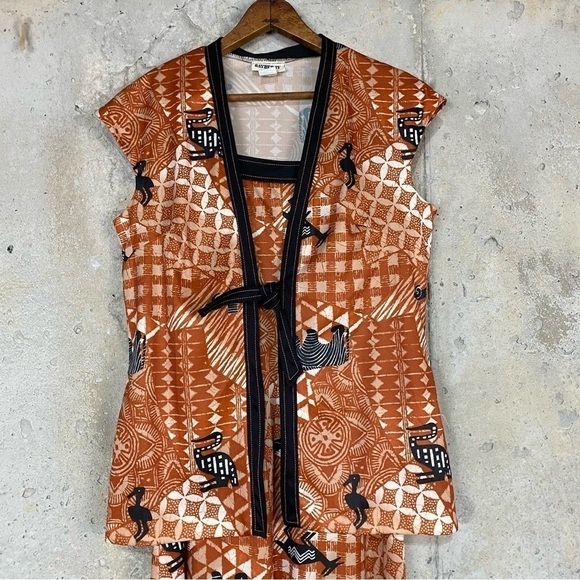 Vintage 80s burnt orange beige black zoo animal tribal maxi dress set medium - Picture 3 of 9